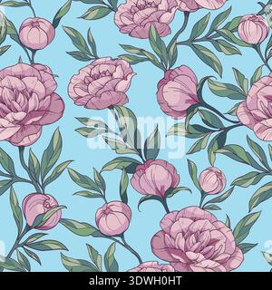 seamless floral vector pattern with pink peonies. flowers and buds with green leaves on a blue background. Stock Vector