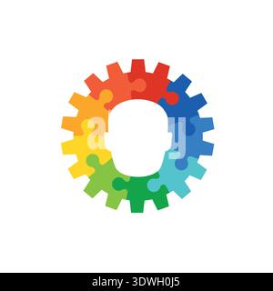 Human head profile with rainbow puzzle gear for mental health concept Stock Vector