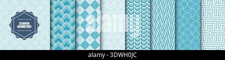 Collection of seamless striped outline geometric patterns - ornamental elegant design. Blue and white repeatable decorative backgrounds. Symmetry Stock Vector