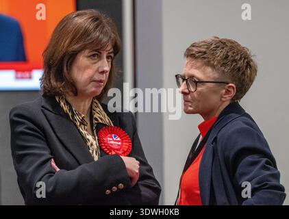 Lucy Powell, Deputy Leader of the Labour Party, and Bev Craig, the leader of Manchester City Council, look nervous at the Count Gorton and Denton by-election at counting station Manchester Central, G-mex.Manchester UK Picture: garyrobertsphotography/yourplat4orm Stock Photo