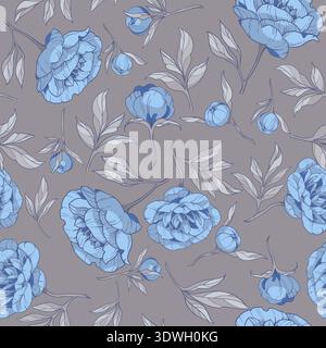 seamless pattern with flowers of blue peonies, with gray leaves on a gray background. vector illustration Stock Vector