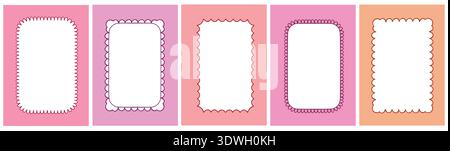 Fun Scallop Frame Collection in Pink Retro Style. Cute decorative borders. Stock Vector