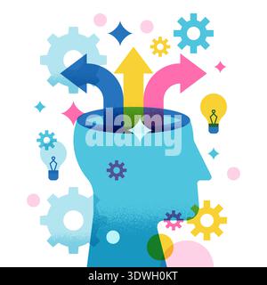 Stylized human head with multicolor growing arrows. Modern vector illustration. Concept for personal growth, creative thinking, business success, mind Stock Vector