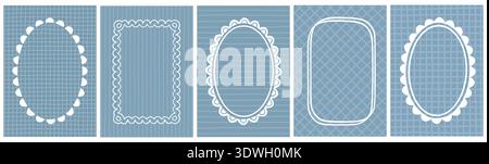 Fun Scallop Frame Set with Retro Blue Background. Cute oval and rectangle shaped borders. Stock Vector