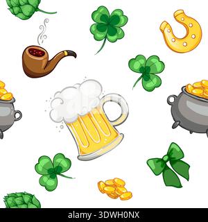 Seamless pattern with beer mugs and clover leaves, golden horseshoe. for beer halls, for st. patricks day Stock Vector