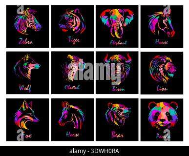 Heads of colorful animals. Hand drawn. Not AI, vector illustration. Stock Vector