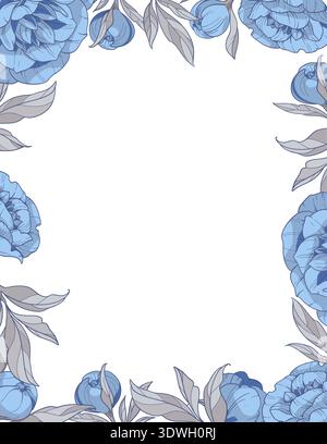 square frame with blue peonies flowers, Hand drawn vector illustration Stock Vector
