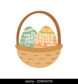 Rustic wicker basket filled with pastel eggs, charming Easter illustration for greeting cards, party decor, family celebration posts and printable art Stock Vector