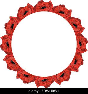 Red poppy flowers round wreath . Circle floral frame. Papaver. Hand drawn vector. Isolated on white background. Stock Vector