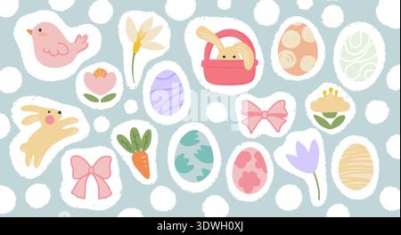 Set of cute Happy Easter sticker elements with bunny chick eggs and flowersv Stock Vector