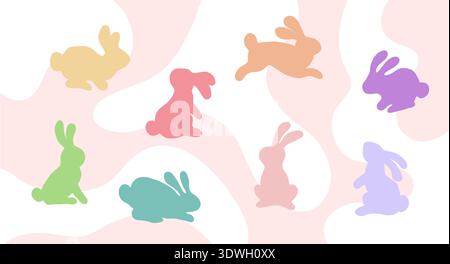 Collection of colorful pastel Easter bunny rabbit silhouettes on abstract background Stock Vector