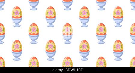 Seamless spring pattern with decorative Easter eggs in blue cups on white background. Vector cozy seasonal print. Stock Vector