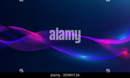 abstract digital wave of purple and blue glowing particles on dark background high tech data connectivity and futuristic network motion for corporate Stock Vector