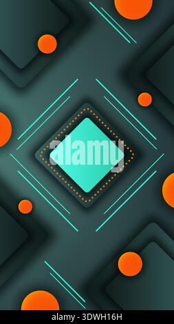 abstract geometric background with dark teal layered squares vibrant orange spheres and neon cyan 3d depth effect for modern tech wallpaper and corpor Stock Vector
