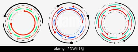 Modern digital interface elements showcasing three abstract circular circuits with arrows and dots to data flow and system processing for high tech UI Stock Vector