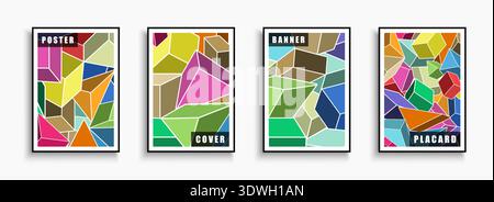 Collection of vector colorful artwork posters with mosaic abstract geometric shapes. Creative covers in modern art fashion style. Bright trendy Stock Vector