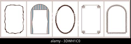 Neutral Retro Fun Scallop Frame Set with Minimal Oval and Arch Shapes. Stock Vector