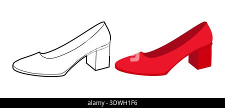 Red block heel pump shoe women flat plus line set. Closed toe dress shoe for fashion styling, seasonal outfit. Technical fashion illustration, CAD mockup, mixed vector men unisex isolated chic style. Stock Vector