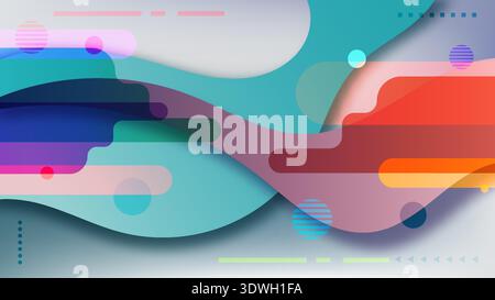 Abstract fluid background with teal and coral organic waves and geometric pill shapes in 3d layered vector style for modern web design and vibrant dig Stock Vector