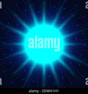 abstract technology cyan glowing core powerful neural network center electronic signals flow through branching connections to symbolize the future of Stock Vector