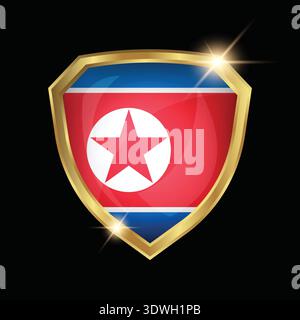 North Korea Flag Golden Shield Logo Stock Vector