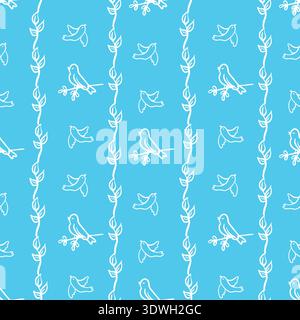 Seamless pattern with birds and spring flowers vector graphic illustration. Whimsical hand drawn festive background for Happy Easter design. Template Stock Vector