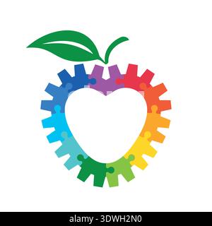 Colorful apple vector made of interlocking puzzle pieces and gears forming a heart shape. Concept for autism awareness Stock Vector
