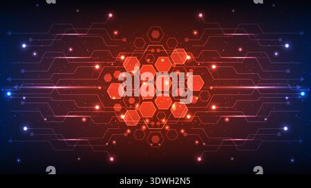dynamic abstract digital background glowing red hexagons and circuit lines on dark gradient global data connects futuristic technology networks digita Stock Vector