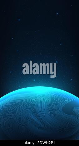 futuristic digital world glowing blue planet with swirling topographical lines shines against a vast starry deep space background, tech and science pr Stock Vector