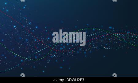Abstract digital wave of glowing multi colored particles flowing on dark blue background, high tech data motion and futuristic energy network creative Stock Vector