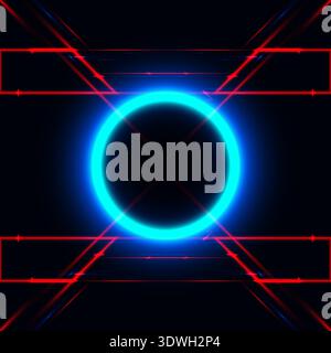 Futuristic neon background with glowing cyan circle and red laser lines in symmetrical high tech digital art style for scifi gaming and cyber technolo Stock Vector