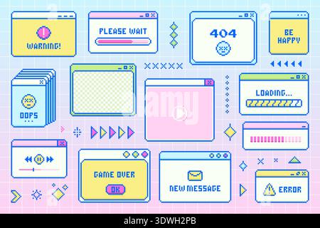 Retro collection of Pixel Art Windows. Y2K style. Stock Vector