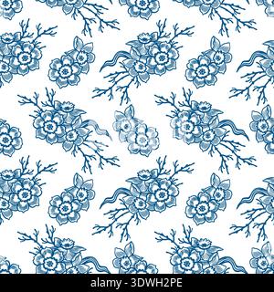 Spring flowers seamless pattern. Hand drawn vector illustration of daffodils in line art style. Monochrome blue clip art for textile design, wrapping Stock Vector