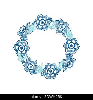 Wreath of spring flowers and butterflies. Hand drawn vector illustration of daffodils in line art style. Monochrome blue clip art for greeting cards, Stock Vector