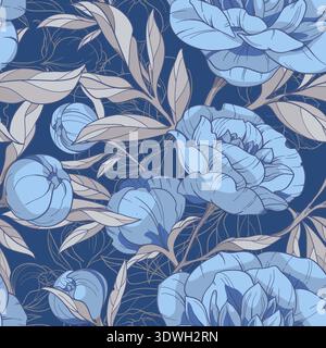 blue and gray peonies, floral seamless vector pattern. Flowers on a dark blue background. Winter Russian style, gzhel Stock Vector