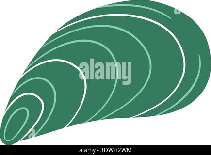 Green mussel shell. Hand drawn trendy flat style isolated. Marine icon for seafood menus, ocean themed branding, nautical designs. Vector illustration Stock Vector