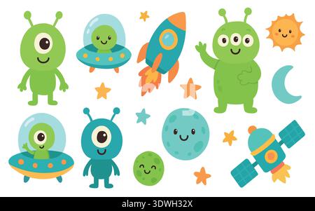 Cute alien and rocket space illustration set with planets and stars, ideal for kids birthday themes, nursery wall art and educational science graphics Stock Vector