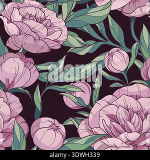 seamless floral vector pattern with pink peonies. flowers and buds with green leaves on a dark background. Stock Vector