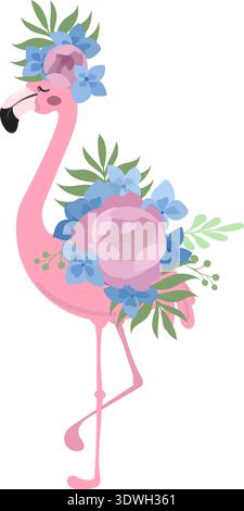 pink flamingos and tropical flowers in flat style Stock Vector