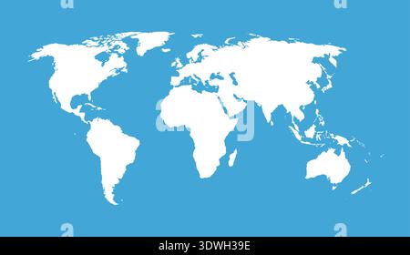 Vector white world map isolated on blue background. Detailed illustration with clear outlines for educational and design purposes Stock Vector