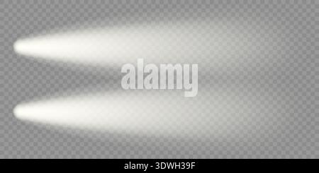 Car night lighting effect, top view. Front headlight flare. Led beam isolated on dark bg. Spotlight lamps illuminate black road. White flash glow on Stock Vector