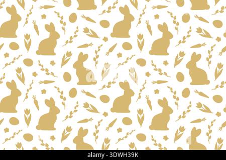 seamless golden easter pattern with rabbits, catkins, carrots, eggs, daisies, tulips - vector illustration Stock Vector