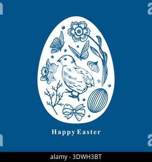 Easter card with a chick, daffodils and butterflies in an egg shape. Hand drawn vector illustration. The monochrome blue clip art is suitable for bann Stock Vector