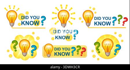 Did you know, electric light bulb lamp, question answer, interesting education information, important news, fun fact. Quick tip. Help, thinking vector Stock Vector