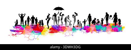 Family parents and kids. Silhouettes of families and colorful blots. Hand drawn. Not AI, vector illustration. Stock Vector
