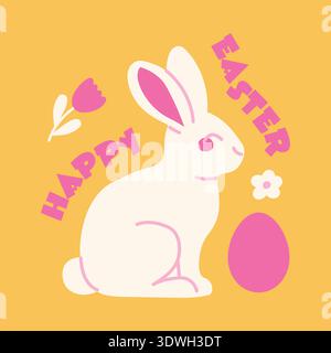 Happy Easter greetings design with cute bunny, egg and flowers- vector illustration Stock Vector