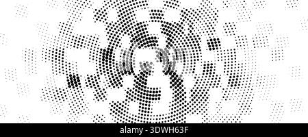 Abstract pixelated halftone square texture. Black pixel cube explosion background. Moving scattered dotted pattern overlay bg. Fading geometric fragment wallpaper. Vector radial backdrop Stock Vector