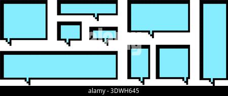 Light blue pixel text boxes. Square and rectangle pixelated chat frame collection. 8 bit border shape pack for speach box bubble, message cloud, communication dialog, talk balloon. Vector elements set Stock Vector