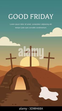 Good Friday Three Crosses on Calvary Hill with Empty Tomb and Shroud at Sunset Stock Vector