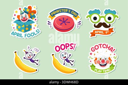 April Fools Day Sticker Set with Clown Pranks and Funny Jokes Stock Vector